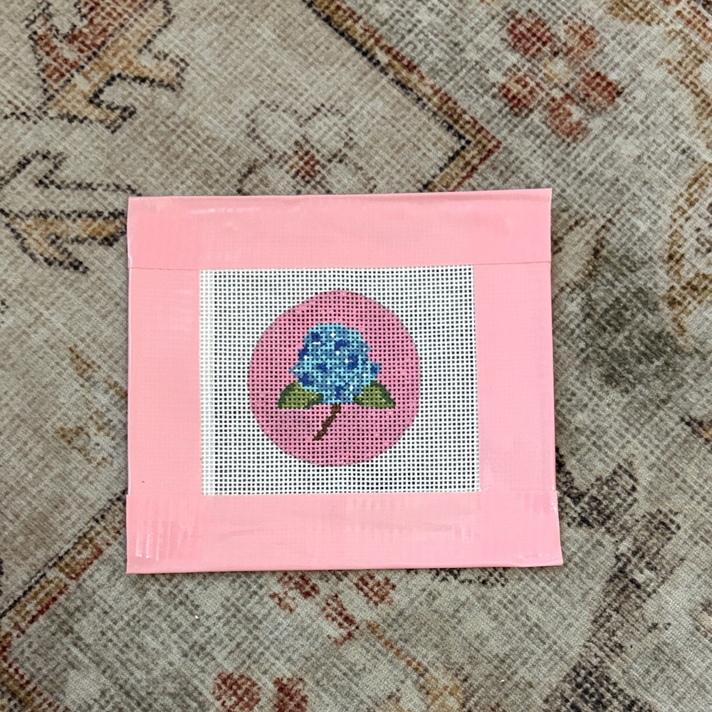 NEEDLEPOINT 18 mesh blue hydrangea flower bag charm